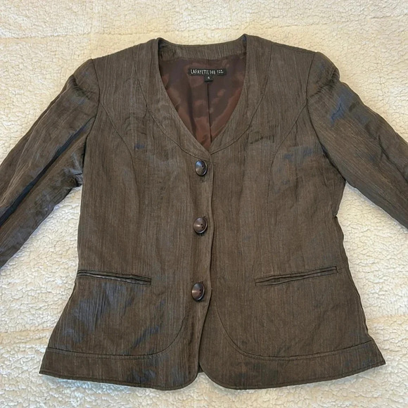 Lafayette 148 New York chocolate brown metallic crinkle blazer size 4 - Picture 9 of 13